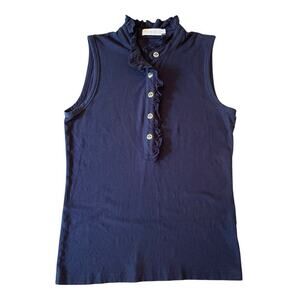 Tory Burch Navy Sleeveless Ruffle Mock Neck Button Top Size M